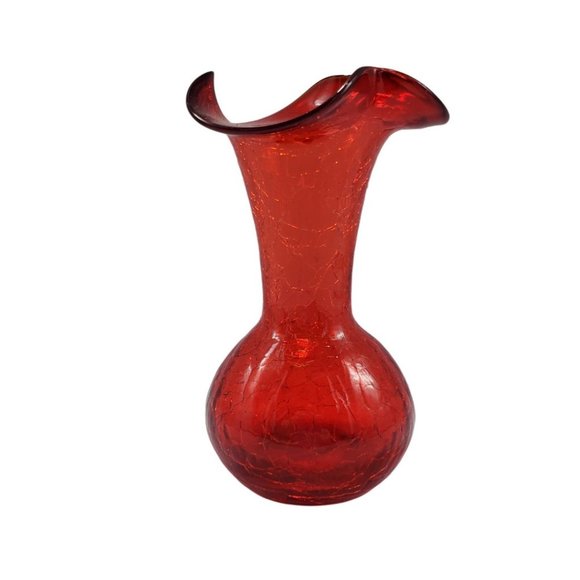 Vintage Pilgrim Hand Blown Glass Ruby Red Crackle Ruffled Top Vase WV - Picture 4 of 9